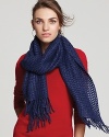 Ready, set, sparkle in Echo's cozy, crochet knit scarf with dazzling metallic threads.