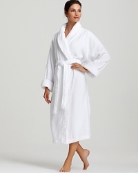 Warm and plush from head to toe, in low twist cotton construction with tie belt, cuffed sleeves, and contrast piping detail. Warm and plush from head to toe, in low twist cotton construction with tie belt, cuffed sleeves, and contrast piping detail.