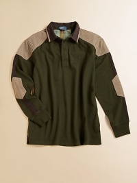 A classic rugby shirt is updated with contrast details for a back-to-school cool look.Pointed rugby collarLong sleeves with elbow patchesButton-frontBack yokeEven-vented hemCottonMachine washImported Please note: Number of buttons may vary depending on size ordered. A classic rugby shirt is updated with contrast details for a back-to-school cool look.Pointed rugby collarLong sleeves with elbow patchesButton-frontBack yokeEven-vented hemCottonMachine washImported Please note: Number of buttons may vary depending on size ordered.