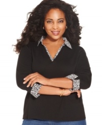 Show off your animal instincts with Karen Scott's three-quarter-sleeve plus size top-- pair it with your go-to casual bottoms.