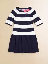 Your little sailor girl will look the part in this adorable, nautical-inspired frock with bold stripes and contrasting bow.BoatneckThree-quarter length sleevesPullover styleSlight drop-waistCottonMachine washImported