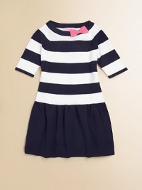 Your little sailor girl will look the part in this adorable, nautical-inspired frock with bold stripes and contrasting bow.BoatneckThree-quarter length sleevesPullover styleSlight drop-waistCottonMachine washImported Your little sailor girl will look the part in this adorable, nautical-inspired frock with bold stripes and contrasting bow.BoatneckThree-quarter length sleevesPullover styleSlight drop-waistCottonMachine washImported