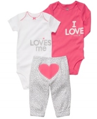 There will be a whole lot of love going around when she's wearing anything from this sweet 3-piece bodysuits and pant set from Carter's. There will be a whole lot of love going around when she's wearing anything from this sweet 3-piece bodysuits and pant set from Carter's.