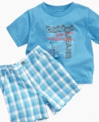 He's in the band! Establish his rock-star status early with this fun graphic t-shirt and plaid short set from Calvin Klein Jeans. He's in the band! Establish his rock-star status early with this fun graphic t-shirt and plaid short set from Calvin Klein Jeans.