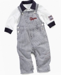 Give your little guy slick stripes to up his cute quotient with this adorable shirt and overall set from Guess. Give your little guy slick stripes to up his cute quotient with this adorable shirt and overall set from Guess.