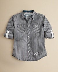 With a lovingly lived-in look, this neutral-hued striped shirt is a closet classic that can be dressed up or down for the venue, whether it's dinner with the grandparents or just another Wednesday at school. With a lovingly lived-in look, this neutral-hued striped shirt is a closet classic that can be dressed up or down for the venue, whether it's dinner with the grandparents or just another Wednesday at school.