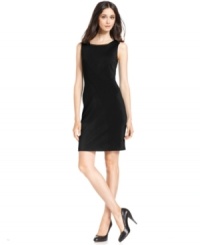 Gold hardware at the neckline adds a touch of shimmer to this ponte-knit sheath dress from Calvin Klein, while seamed detail and an exposed zipper put an edgy twist on this classic silhouette. Gold hardware at the neckline adds a touch of shimmer to this ponte-knit sheath dress from Calvin Klein, while seamed detail and an exposed zipper put an edgy twist on this classic silhouette.