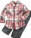 Keep him looking stylish and trendy in this 2 piece set by Guess? includes cargo pant and plaid shirt.