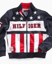 Stars and stripes. He can show his patriotic pride in this bold Nathaniel track jacket from Tommy Hilfiger. Stars and stripes. He can show his patriotic pride in this bold Nathaniel track jacket from Tommy Hilfiger.