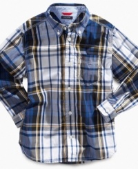 Pair this plaid shirt from Tommy Hilfiger with a pair of khakis or denim and add a sleek leather belt to perfect your all-American look. Pair this plaid shirt from Tommy Hilfiger with a pair of khakis or denim and add a sleek leather belt to perfect your all-American look.