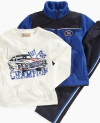 A cozy fleece jacket, soft cotton tee and wind pants make this three-piece set from Kids Headquarters extra comfy. A cozy fleece jacket, soft cotton tee and wind pants make this three-piece set from Kids Headquarters extra comfy.