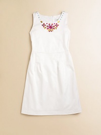 A brilliant, beaded scoopneck defines this angelic, sleeveless shift with princess seams.ScoopneckSleevelessBack zipperPleated waistCottonMachine washImported A brilliant, beaded scoopneck defines this angelic, sleeveless shift with princess seams.ScoopneckSleevelessBack zipperPleated waistCottonMachine washImported