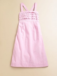 Crafted in preppy seersucker, this classic A-line frock is ultra-glam with scalloped detail, lace trim and smocked back.SquareneckAdjustable straps cross at backScalloped bodicePleated empire waistCottonMachine washImported Crafted in preppy seersucker, this classic A-line frock is ultra-glam with scalloped detail, lace trim and smocked back.SquareneckAdjustable straps cross at backScalloped bodicePleated empire waistCottonMachine washImported
