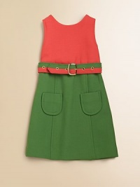 A charming, colorblocked style with a two-tone, grommet belt. ScoopneckSleevelessButton keyhole backBack zipper closureTwo-tone, grommet beltSeamed detailsTwo front patch pockets43% wool/53% polyester/4% Lycra® spandexDry cleanMade in USA of imported fabrics A charming, colorblocked style with a two-tone, grommet belt. ScoopneckSleevelessButton keyhole backBack zipper closureTwo-tone, grommet beltSeamed detailsTwo front patch pockets43% wool/53% polyester/4% Lycra® spandexDry cleanMade in USA of imported fabrics