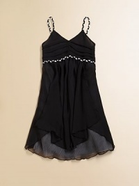 Crafted in lightweight crinkle chiffon, this flowy, Empire-waist frock has pretty braided detail for extra flair.V-neckBraided spaghetti strapsSide zipperPleated bodiceEmpire waist with braided detailFully linedPolyesterHand washImported Crafted in lightweight crinkle chiffon, this flowy, Empire-waist frock has pretty braided detail for extra flair.V-neckBraided spaghetti strapsSide zipperPleated bodiceEmpire waist with braided detailFully linedPolyesterHand washImported