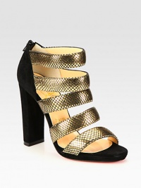 Bands of metallic leather combine with soft suede in this heightened silhouette. Self-covered suede heel, 4¼ (110mm)Covered platform, ½ (15mm)Compares to a 3¾ heel (95mm)Suede and metallic leather upperBack zipperLeather lining and solePadded insoleMade in ItalyOUR FIT MODEL RECOMMENDS ordering one half size up as this style runs small. Bands of metallic leather combine with soft suede in this heightened silhouette. Self-covered suede heel, 4¼ (110mm)Covered platform, ½ (15mm)Compares to a 3¾ heel (95mm)Suede and metallic leather upperBack zipperLeather lining and solePadded insoleMade in ItalyOUR FIT MODEL RECOMMENDS ordering one half size up as this style runs small.