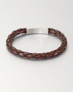 Braided brown Italian leather band with sterling silver clasp. Tension-held box clasp About 8½ long Embossed signature Made in United Kingdom