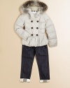 Battle the elements in style in this puffy topper with attached hood, detachable goldern fox fur trim