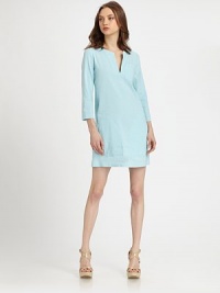 Linen-rich shift has structured three-quarter sleeves, v-neck and ultra-short design. V-neckThree-quarter sleevesFully linedAbout 19 from natural waist62% linen/36% viscose/2% elastaneDry cleanImported of Italian fabricModel shown is 5'10 (177cm) wearing US size 2. Linen-rich shift has structured three-quarter sleeves, v-neck and ultra-short design. V-neckThree-quarter sleevesFully linedAbout 19 from natural waist62% linen/36% viscose/2% elastaneDry cleanImported of Italian fabricModel shown is 5'10 (177cm) wearing US size 2.