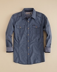 Contrast check peaking at the collar and cuff bring texture and fresh tones to Sovereign Code's Dexter woven shirt. Contrast check peaking at the collar and cuff bring texture and fresh tones to Sovereign Code's Dexter woven shirt.