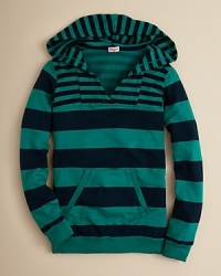 Mixed skinny and wide stripes embellish this three-quarter sleeve hoodie finished with a sporty kangaroo pocket. Mixed skinny and wide stripes embellish this three-quarter sleeve hoodie finished with a sporty kangaroo pocket.