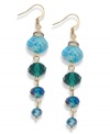 Vibrant and varied. Different sizes of glass rondelle beads combine with tasteful turquoise hues on c.A.K.e. by Ali Khan's rondelle beaded linear drop earrings. Crafted in gold tone mixed metal, they're adorned with sparkling clear crystals. Approximate drop: 2 inches.