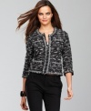 A marled knit cardigan gets a ladylike makeover from INC -- in the style of a tweed jacket! Metallic trim adds a festive touch.
