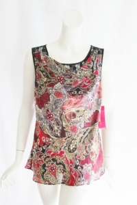 Sunny Leigh Womens Red Printed Lace Trim Cowl Neck Sleeveless Top L