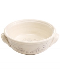 Homegrown style. An organic shape and engraved florals give the Espana Antica casserole a handcrafted feel that suits country settings. From the Tabletops Unlimited dinnerware collection. Homegrown style. An organic shape and engraved florals give the Espana Antica casserole a handcrafted feel that suits country settings. From the Tabletops Unlimited dinnerware collection.