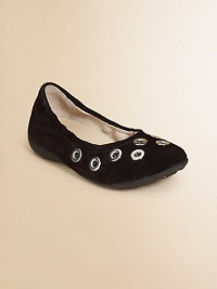 A pretty pair of flats in soft suede with shiny grommet details and elastic to keep them in place.Slip-on style with elasticized topSuede upper with metal grommetsLeather liningRubber soleLeather insoleImported A pretty pair of flats in soft suede with shiny grommet details and elastic to keep them in place.Slip-on style with elasticized topSuede upper with metal grommetsLeather liningRubber soleLeather insoleImported