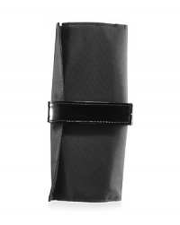 This Travel MAC small brush roll features ten brush pockets and one zipper pouch. Durable, easy-to-clean black nylon with a silky interior and black faux patent straps. This Travel MAC small brush roll features ten brush pockets and one zipper pouch. Durable, easy-to-clean black nylon with a silky interior and black faux patent straps.