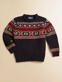 A hearty sweater is perfect for the holiday season with an intarsia-knit motif and suede elbow patches.Rollneck collarLong sleeves with ribbed cuffsSuede elbow patchesPullover style with shoulder button detailRibbed hemCottonMachine washImported A hearty sweater is perfect for the holiday season with an intarsia-knit motif and suede elbow patches.Rollneck collarLong sleeves with ribbed cuffsSuede elbow patchesPullover style with shoulder button detailRibbed hemCottonMachine washImported