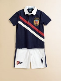 A classic rugby is updated with sporty stripes and embroidery for a heritage look.Solid twill collarShort sleevesFront button placketEven vented hemCottonMachine washImported Please note: Number of buttons may vary depending on size ordered. A classic rugby is updated with sporty stripes and embroidery for a heritage look.Solid twill collarShort sleevesFront button placketEven vented hemCottonMachine washImported Please note: Number of buttons may vary depending on size ordered.