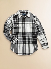 Rendered in warm brushed cotton twill, this classic plaid shirt is ruggedly handsome.Pointed collarLong sleeves with barrel cuffsButton-frontButton-flap patch pocketPatch pocketShirttail hemCottonMachine washImported Please note: Number of buttons may vary depending on size ordered. 