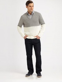 A delicate colorblock design adds style and dimension to this cozy knit sweater of cashmere and cotton, just in time to beat the winter chill.V-neckRibbed collar, cuffs and hem94% linen/6% cashmereHand washImported A delicate colorblock design adds style and dimension to this cozy knit sweater of cashmere and cotton, just in time to beat the winter chill.V-neckRibbed collar, cuffs and hem94% linen/6% cashmereHand washImported