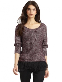 THE LOOKBoatneckDropped shouldersRibbed cuffsScoopbackTulle slip includedChunky marled knitTHE FITAbout 27 from shoulder to hemTHE MATERIAL49% viscose/39% polyester/5% polyamide/4% alpaca/3% woolCARE & ORIGINDry cleanImportedModel shown is 5'9½ (176cm) wearing US size Small. THE LOOKBoatneckDropped shouldersRibbed cuffsScoopbackTulle slip includedChunky marled knitTHE FITAbout 27 from shoulder to hemTHE MATERIAL49% viscose/39% polyester/5% polyamide/4% alpaca/3% woolCARE & ORIGINDry cleanImportedModel shown is 5'9½ (176cm) wearing US size Small.