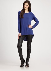 Exaggerated hi-lo hem rejuvenates this supple jersey basic. RoundneckLong sleevesHi-lo hem48% polyester/48% rayon/4% spandexDry cleanMade in USAModel shown is 5'10 (177cm) wearing US size Small. Exaggerated hi-lo hem rejuvenates this supple jersey basic. RoundneckLong sleevesHi-lo hem48% polyester/48% rayon/4% spandexDry cleanMade in USAModel shown is 5'10 (177cm) wearing US size Small.