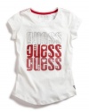 GUESS Kids Girls Short-Sleeve Logo Tee with Hearts, WHITE (7/8)