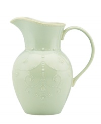 With fanciful beading and an antiqued edge, this Lenox French Perle pitcher has an irresistibly old-fashioned sensibility. Hardwearing stoneware is dishwasher safe and, in a soft pistachio hue, a graceful addition to every meal. With fanciful beading and an antiqued edge, this Lenox French Perle pitcher has an irresistibly old-fashioned sensibility. Hardwearing stoneware is dishwasher safe and, in a soft pistachio hue, a graceful addition to every meal.