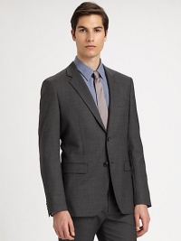 Dark charcoal textured wool defines the modern aesthetic of this dress wardrobe essential, tailored in fine, Italian wool.ButtonfrontSide flap pocketsRear ventAbout 29 from shoulder to hemWoolDry cleanImported Dark charcoal textured wool defines the modern aesthetic of this dress wardrobe essential, tailored in fine, Italian wool.ButtonfrontSide flap pocketsRear ventAbout 29 from shoulder to hemWoolDry cleanImported