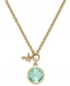 Hum a charming tune with this Juicy Couture charm necklace. A circular glass stone in shimmering green hues is paired with a hummingbird charm for a darling finishing touch. Crafted in gold tone mixed metal. Approximate length: 16 inches. Approximate drop: 1-1/2 inches.