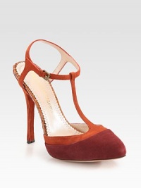 Suede t-strap sandal has contrasting snake-print leather trim and an adjustable ankle strap. Self-covered heel, 5 (125mm)Hidden platform, ½ (15mm)Compares to a 4½ heel (115mm)Suede and snake-print leather upperLeather lining and solePadded insoleImported Suede t-strap sandal has contrasting snake-print leather trim and an adjustable ankle strap. Self-covered heel, 5 (125mm)Hidden platform, ½ (15mm)Compares to a 4½ heel (115mm)Suede and snake-print leather upperLeather lining and solePadded insoleImported