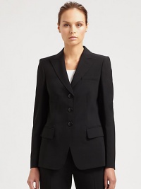 A classic three-button silhouette in a featherweight wool fabric. Notched lapelsFlap pocketsFully linedWoolDry cleanMade in ItalyModel shown is 5'10 (177cm) wearing US size 2. A classic three-button silhouette in a featherweight wool fabric. Notched lapelsFlap pocketsFully linedWoolDry cleanMade in ItalyModel shown is 5'10 (177cm) wearing US size 2.