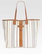 Set sail with this nautical-inspired design made of rich striped canvas, finished with sumptuous leather top handles and trim. Double leather top handles, 9 dropBuckled magnetic flap closure with logo emblemOne inside zip pocketTwo inside open pockets15W X 13H X 5½DImported