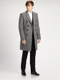 Rich wool tweed, impeccably tailored in a sleek, double-breasted style.Notched lapelDouble-breasted button frontFlap pocketsFour button detail at cuffsInverted back pleat below waistAbout 38 from shoulder to hem70% virgin wool/30% polyamideDry cleanMade in Italy Rich wool tweed, impeccably tailored in a sleek, double-breasted style.Notched lapelDouble-breasted button frontFlap pocketsFour button detail at cuffsInverted back pleat below waistAbout 38 from shoulder to hem70% virgin wool/30% polyamideDry cleanMade in Italy
