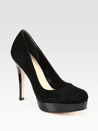 This ultra-comfortable suede pump is paired with a lustrous patent leather heel and platform for some modern edge. Patent leather-covered heel, 4½ (115mm)Patent leather platform, 1 (25mm)Compares to a 3½ heel (90mm)Suede upperLeather lining and solePadded insoleImportedThis style runs small. We recommend ordering one half size up for a standard fit. This ultra-comfortable suede pump is paired with a lustrous patent leather heel and platform for some modern edge. Patent leather-covered heel, 4½ (115mm)Patent leather platform, 1 (25mm)Compares to a 3½ heel (90mm)Suede upperLeather lining and solePadded insoleImportedThis style runs small. We recommend ordering one half size up for a standard fit.