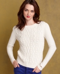 Tommy Hilfiger's chic crew-neck sweater features nubby cable-knit stitching for a classic look. Tommy Hilfiger's chic crew-neck sweater features nubby cable-knit stitching for a classic look.