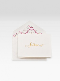 Everything sounds more romantic in French. Especially the most romantic three words of all. This gold hand-engraved set paired with beautifully-lined envelopes is the perfect way to remind that special someone how much you care.Set of 15 notecardsHand-engraved design3.9W X 5.2HMade in USAAdditional InformationShipping timeline for this itemThis item cannot be shipped via Rush, Next Business Day, Saturday delivery.This item cannot be shipped to a P.O. 