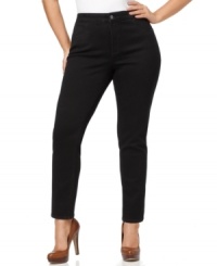 A black wash lends a sleek finish to Not Your Daughter's Jeans' plus size skinny jeans, featuring a control panel for a flattering fit. A black wash lends a sleek finish to Not Your Daughter's Jeans' plus size skinny jeans, featuring a control panel for a flattering fit.
