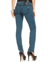 Rhinestone details at the back pockets add sparkle & shine to these colored-denim Miss Me skinny jeans -- perfect for a bit of daytime glam! Rhinestone details at the back pockets add sparkle & shine to these colored-denim Miss Me skinny jeans -- perfect for a bit of daytime glam!